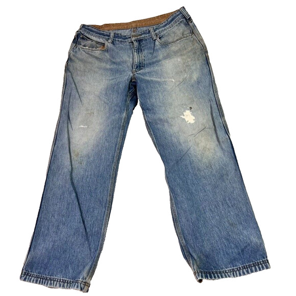 Duluth Trading Jeans Mens 38x30 Medium Wash Blue Gusset Distressed - Picture 1 of 12